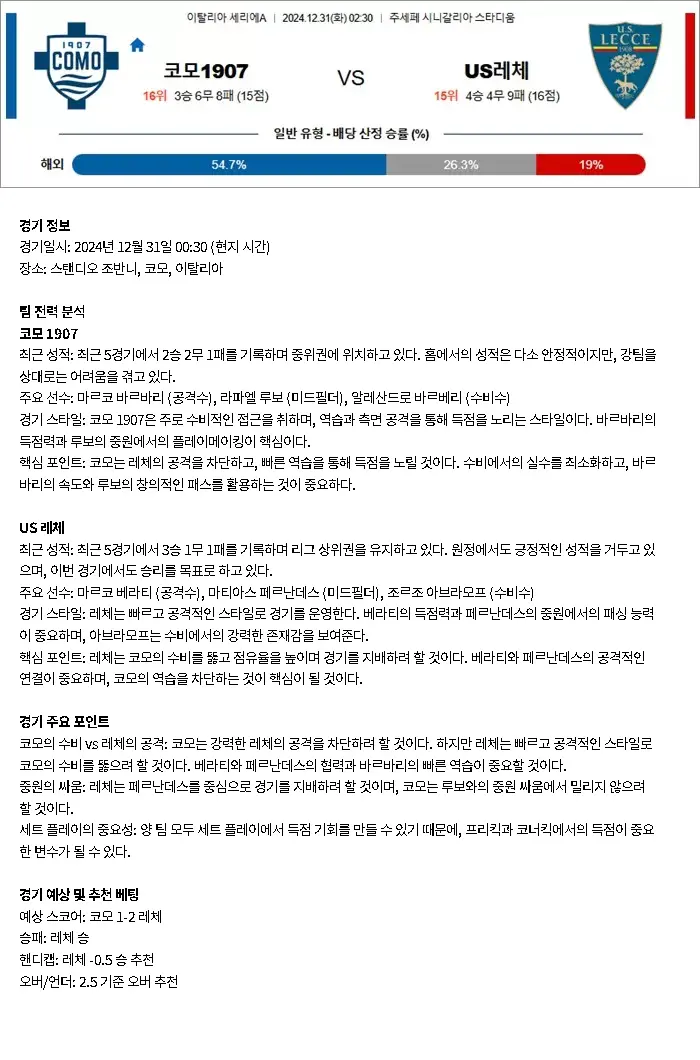 2024년12월31일 코모 1907 US 레체 스포츠 분석 및 중계 올스티비