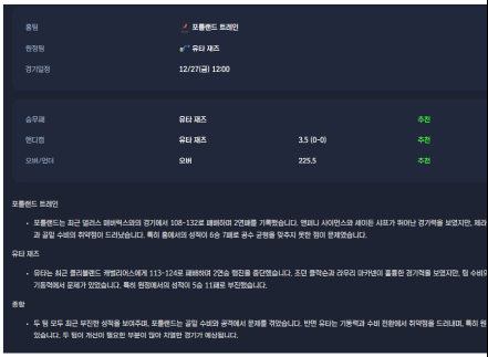 2024년12월27일 포틀랜드 트레일 블레이저스 유타 재즈 미국농구 분석 및 중계 올스티비