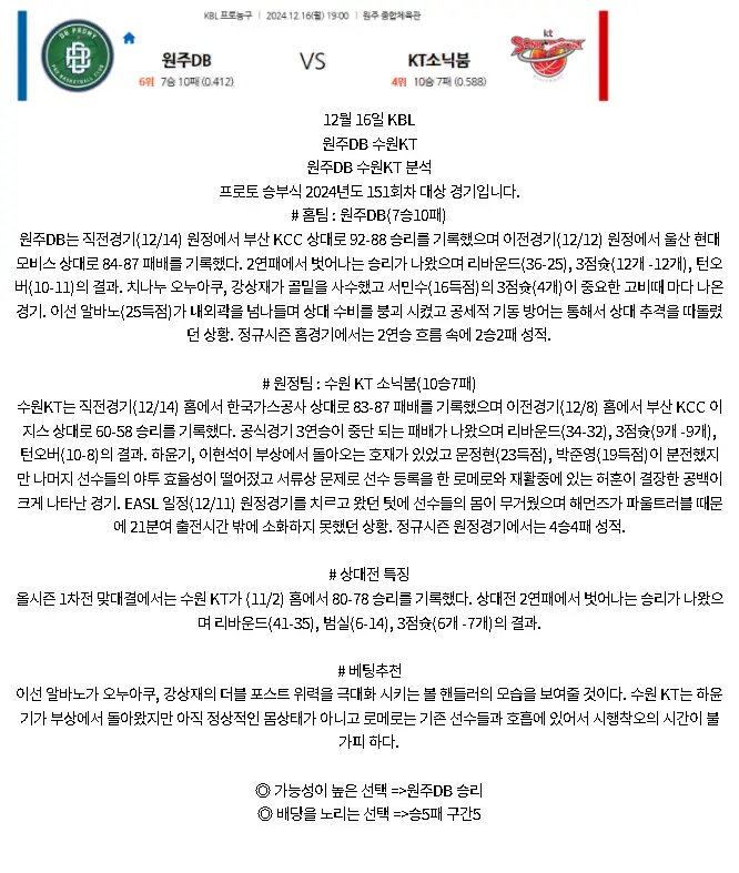 2024년12월16일 원주 DB 프로미 수원 KT 소닉붐 KBL 올스티비