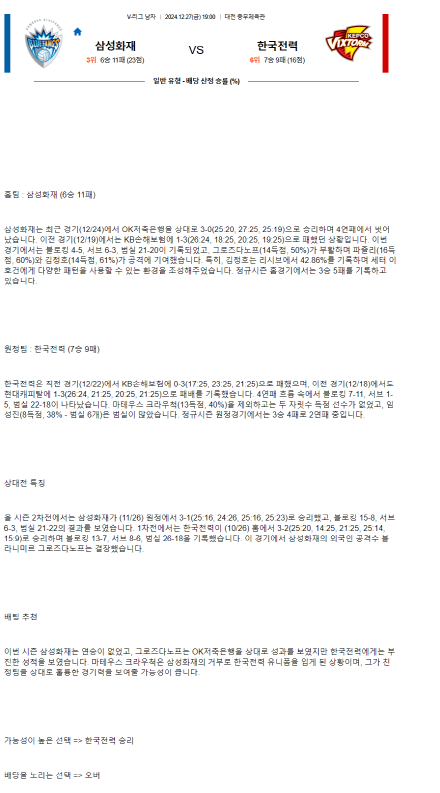 2024년 12월 27일 삼성화재 블루팡스 배구단 한국전력 빅스톰 배구단 배구 분석 및 중계 올스티비