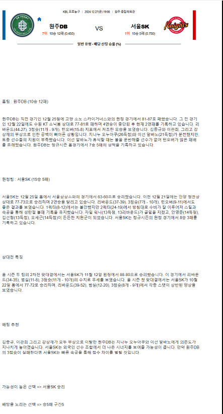 2024년12월27일 원주 DB 프로미 서울 SK 나이츠 KBL 올스티비