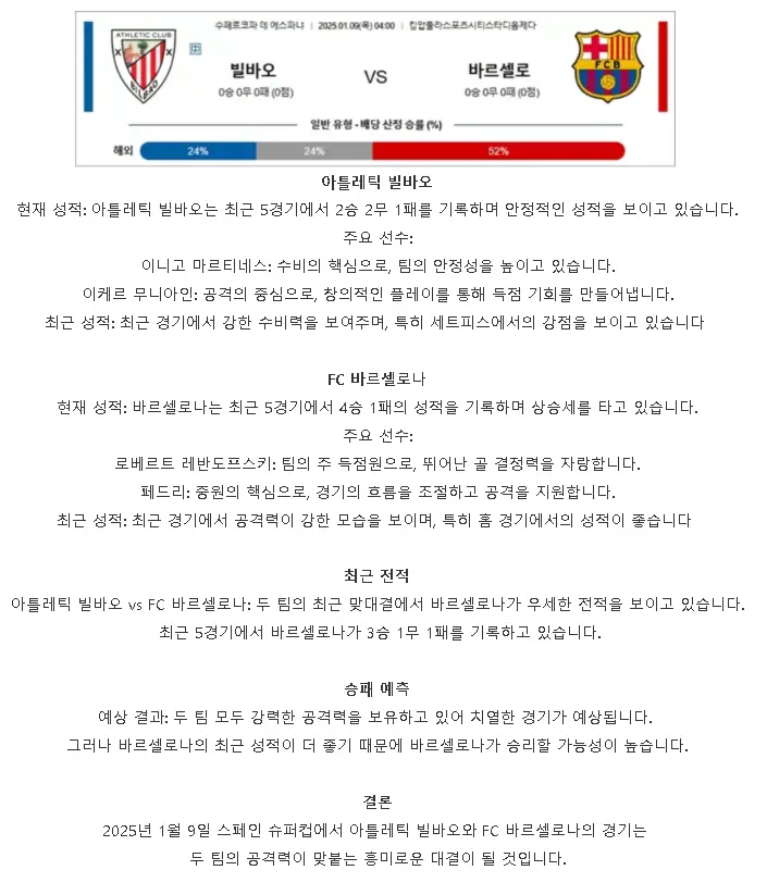 2025년1월9일 아틀레틱 빌바오 FC 바르셀로나 스포츠 분석 및 중계 올스티비