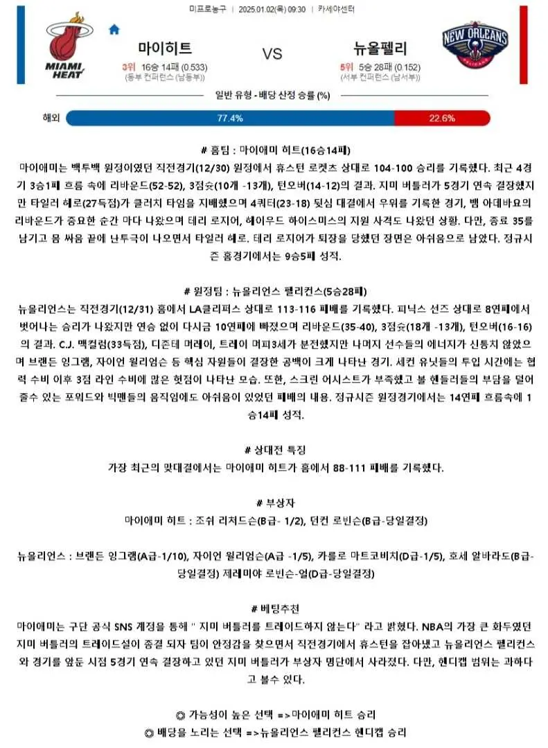 2025년1월2일 마이애미 히트 뉴올리언즈 펠리컨스 해외농구 분석 및 중계 올스티비