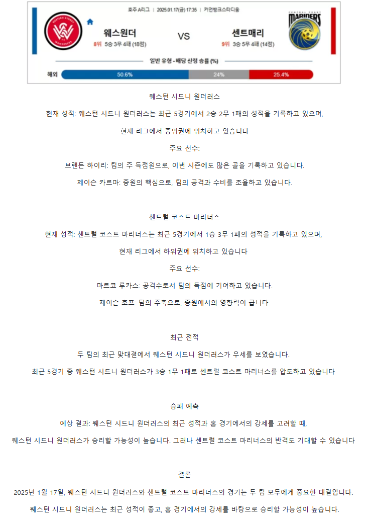 2025년 01월 17일 웨스턴 시드니 센트럴 코스트 해외스포츠 중계 및 분석 올스티비