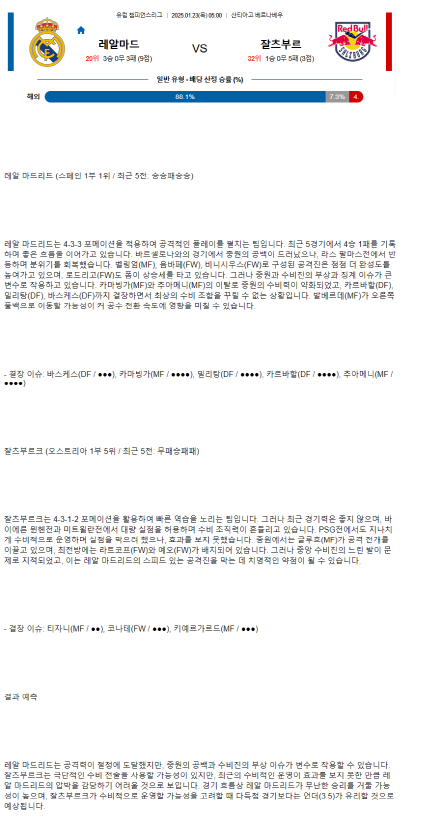 2025년1월23일 레알 마드리드 CF FC 잘츠부르크 해외축구 중계 및 분석 올스티비
