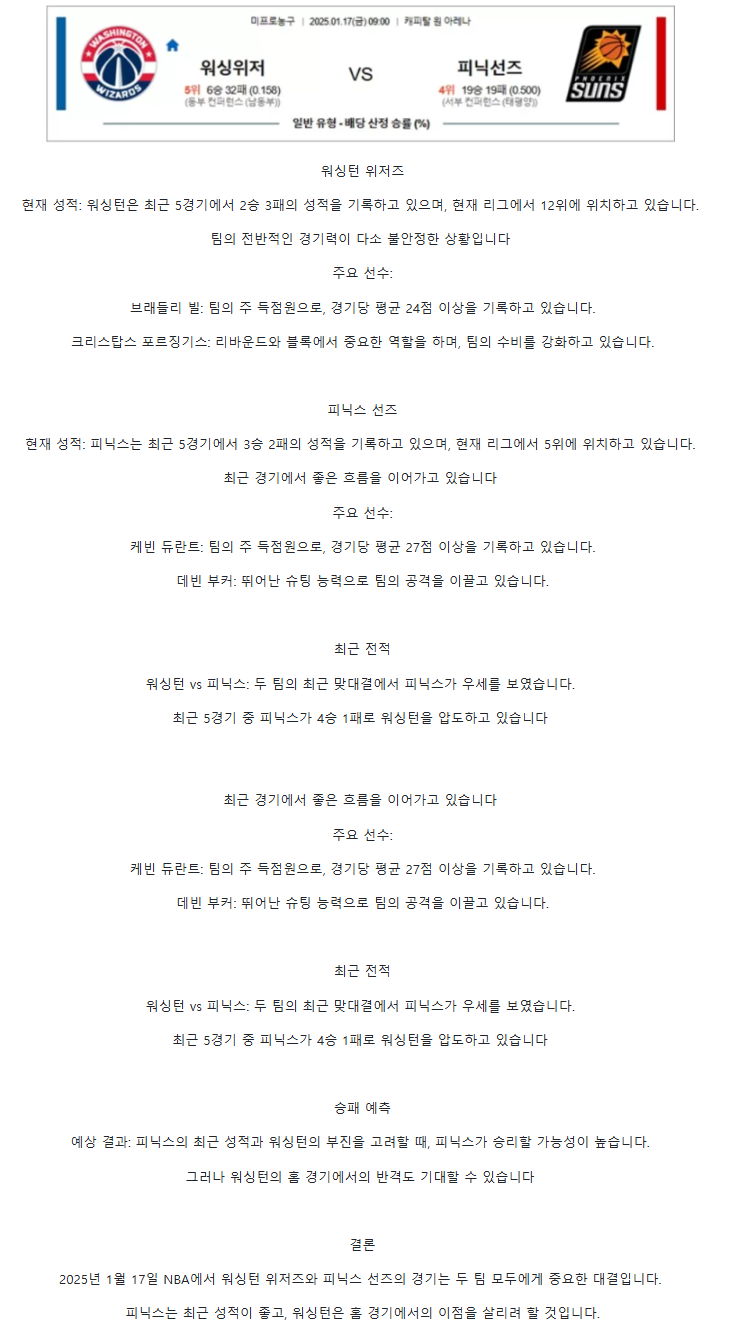 2025년1월17일 워싱턴 위저즈 피닉스 선즈 미국농구 분석 및 중계 올스티비