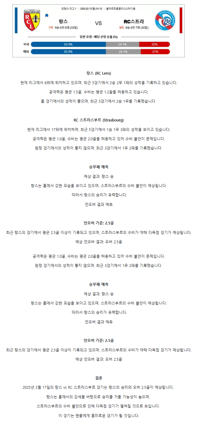 2025년2월17일 라싱 클뢰브 드 랑스 라싱 클럽 데 스트라스부르 알사체 해외스포츠 중계 및 분석 올스티비