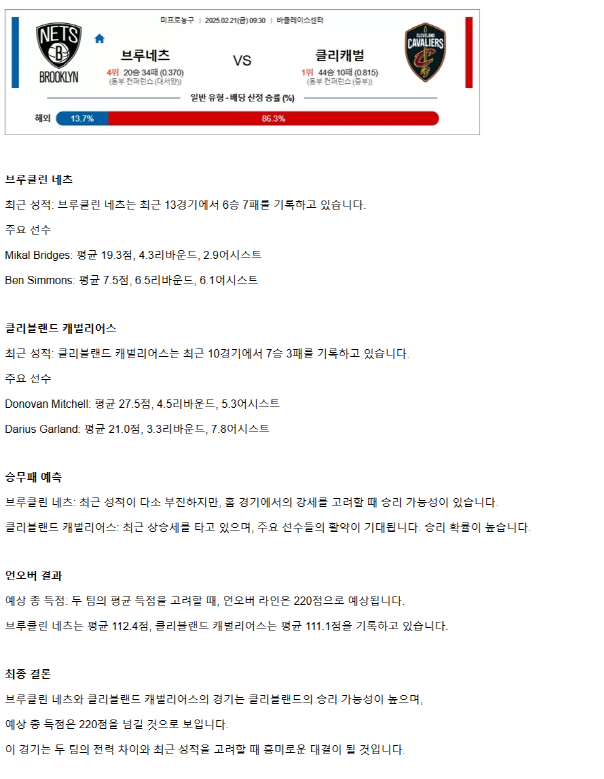 2025년2월21일 브루클린 네츠 클리블랜드 캐벌리어스 NBA 분석 및 중계 올스티비