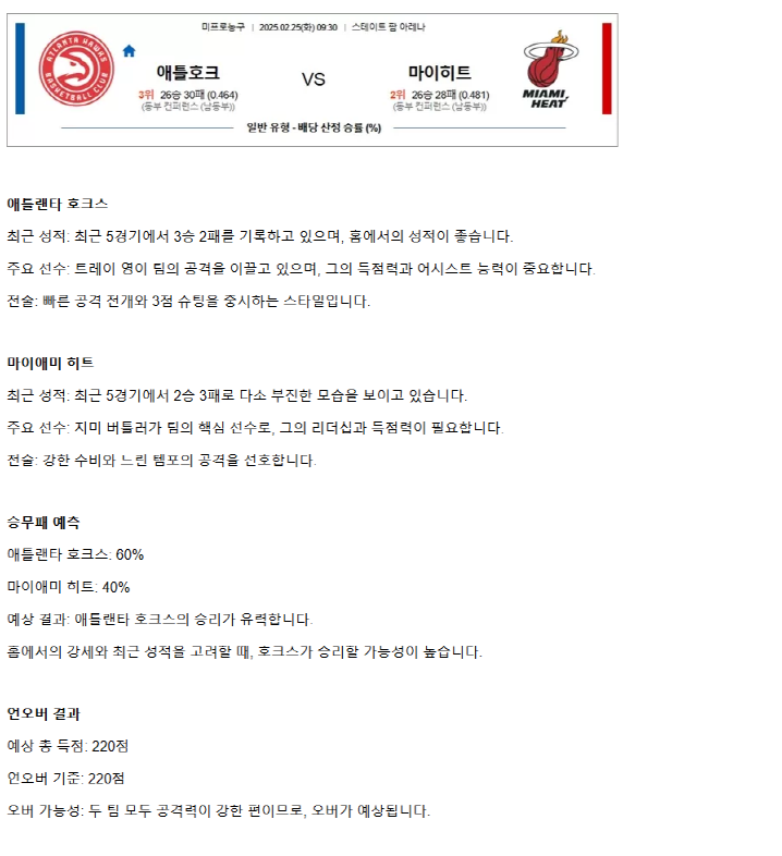 2025년2월25일 애틀랜타 호크스 마이애미 히트 해외농구 중계 및 분석 올스티비