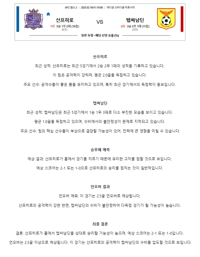 2025년2월19일 산프레체 히로시마 텝싸남딘 해외스포츠 분석 및 중계 올스티비