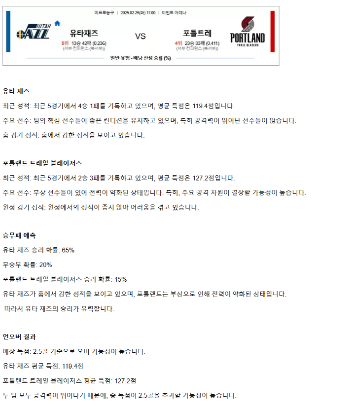 2025년2월25일 유타 재즈 포틀랜드 트레일 블레이저스 해외농구 중계 및 분석 올스티비