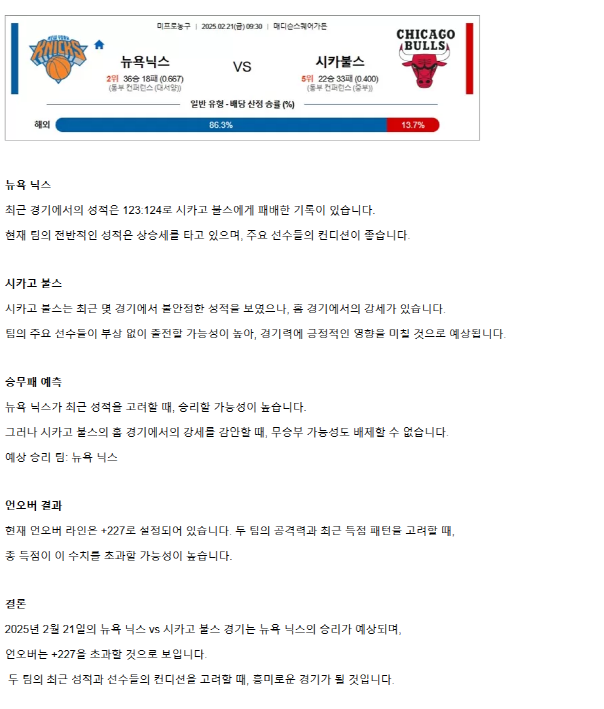 2025년2월21일 뉴욕 닉스 시카고 불스 NBA 분석 및 중계 올스티비