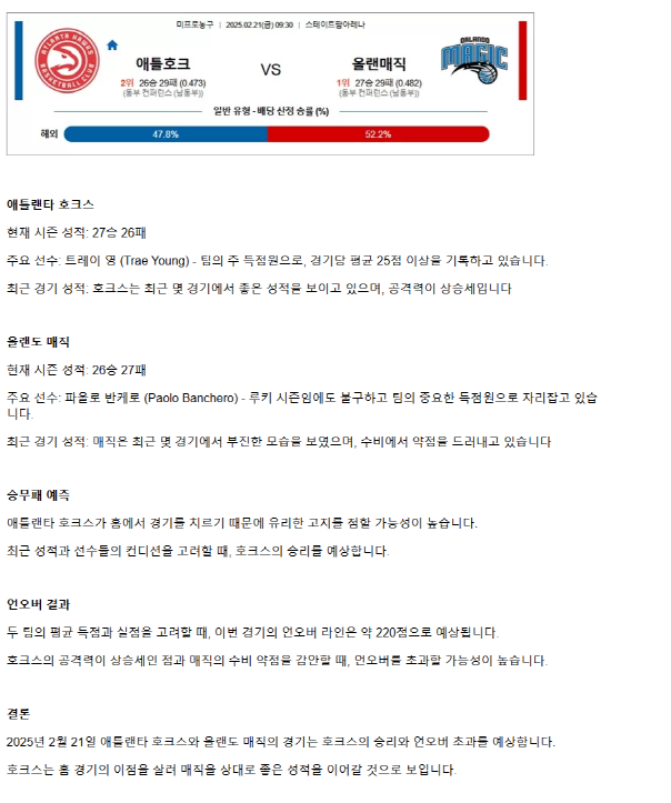 2025년2월21일 애틀랜타 호크스 올랜도 매직 미국농구 중계 및 분석 올스티비