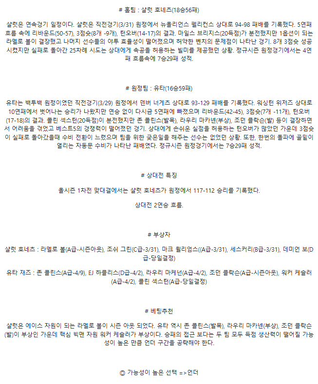 2025년4월1일 샬럿 호네츠 유타 재즈 해외농구 중계 및 분석 올스티비