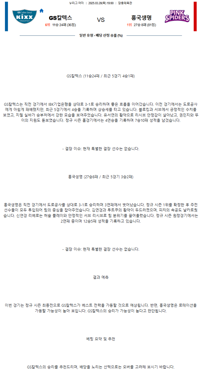 2025년 03월 20일 GS칼텍스 KIXX 배구단 흥국생명 핑크스파이더스 배구단 배구 중계 및 분석 올스티비