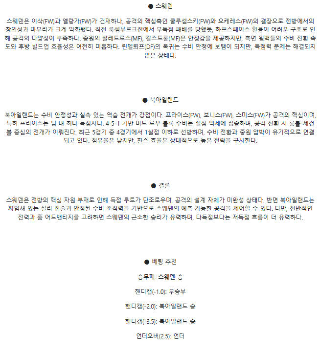 2025년 03월 25일 스웨덴 북아일랜드 해외축구 중계 및 분석 올스티비