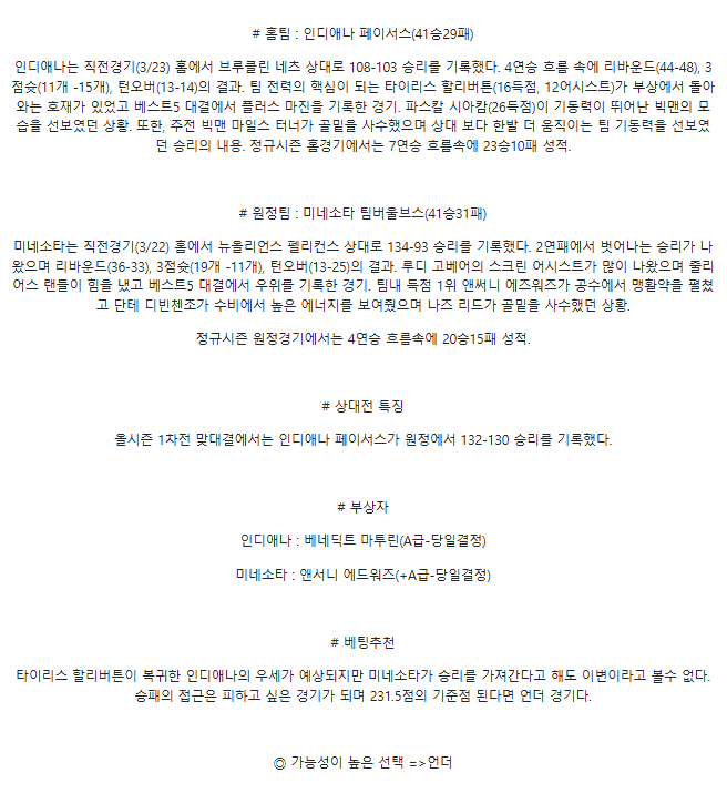 2025년3월25일 인디애나 페이서스 미네소타 팀버울브스 해외농구 분석 및 중계 올스티비
