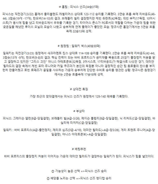 2025년3월25일 피닉스 선즈 밀워키 벅스 해외농구 분석 및 중계 올스티비