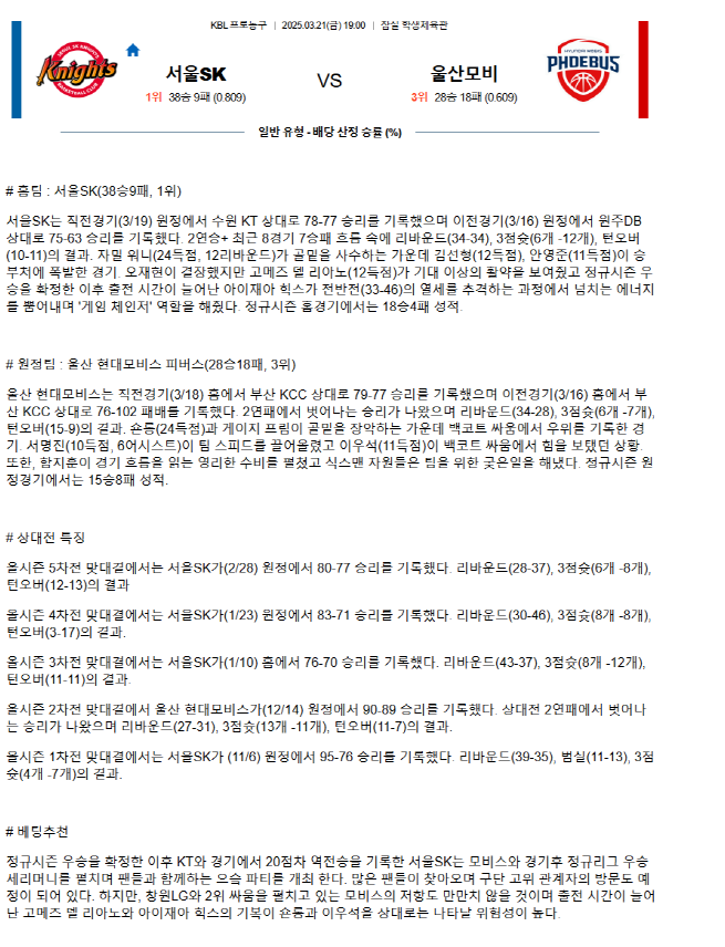 2025년3월21일 서울 SK 나이츠 울산 현대모비스 피버스 KBL 올스티비
