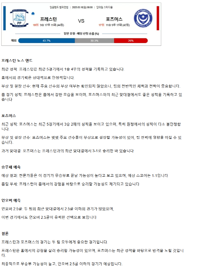 2025년 03월 16일 프레스턴 포츠머스 스포츠 중계 및 분석 올스티비