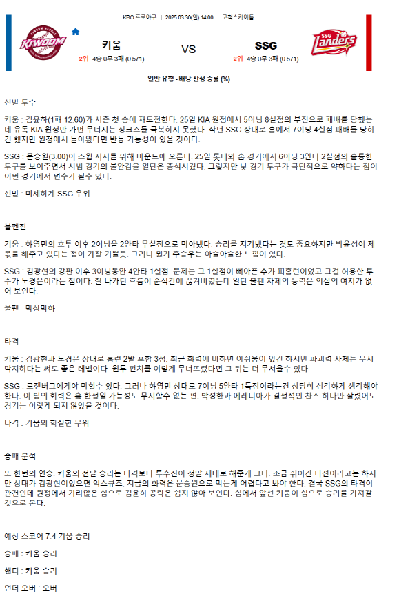 2025년 03월 30일 SSG 랜더스 키움 히어로즈 국내야구 분석 및 중계 올스티비