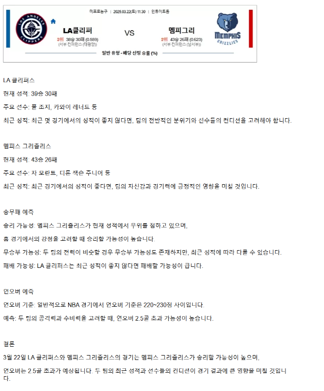 2025년3월22일 LA 클리퍼스 멤피스 그리즐리스 NBA 분석 및 중계 올스티비