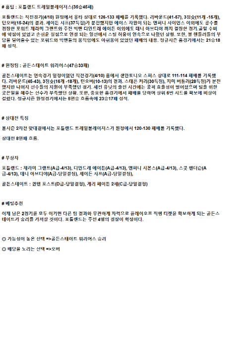 2025년 04월 12일 포틀랜드 골든스테이트 미국농구 분석 및 중계 올스티비