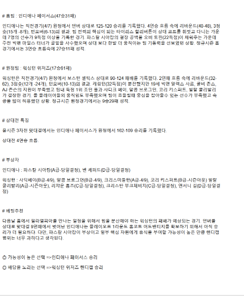 2025년 04월 09일 인디애나 워싱턴 미국농구 분석 및 중계 올스티비