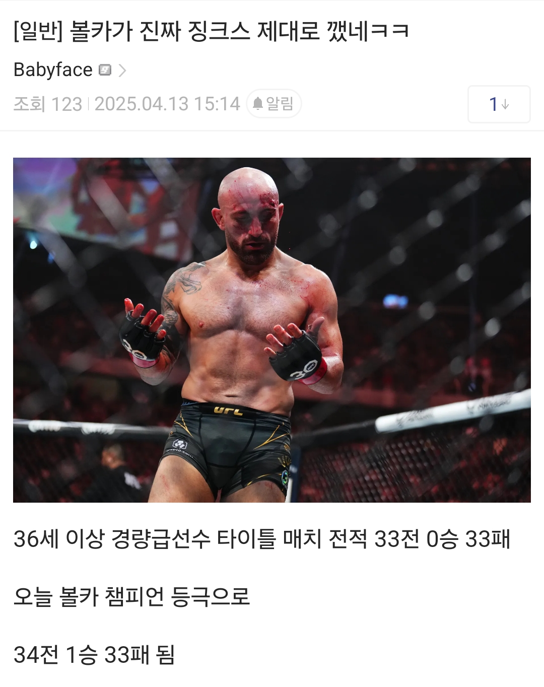 오늘 볼카노프스키가 세운 역대급 기록