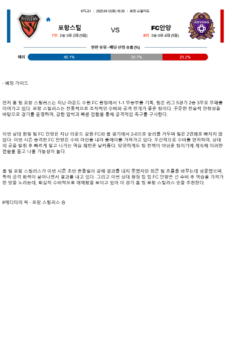 2025년 04월 12일 포항 안양 국내축구 분석 및 중계 올스티비