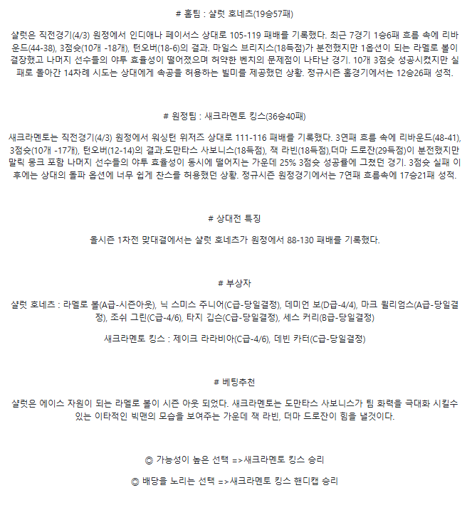 2025년 04월 05일 샬럿 새크라멘토 NBA 분석 및 중계 올스티비