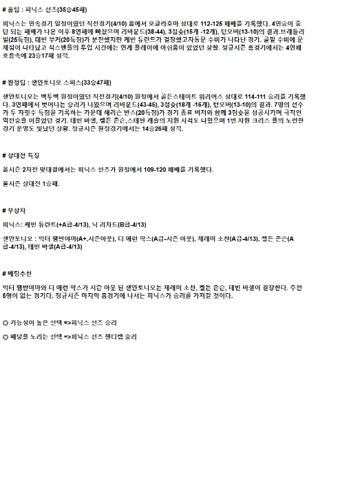 2025년 04월 12일 피닉스 샌안토니오 미국농구 분석 및 중계 올스티비