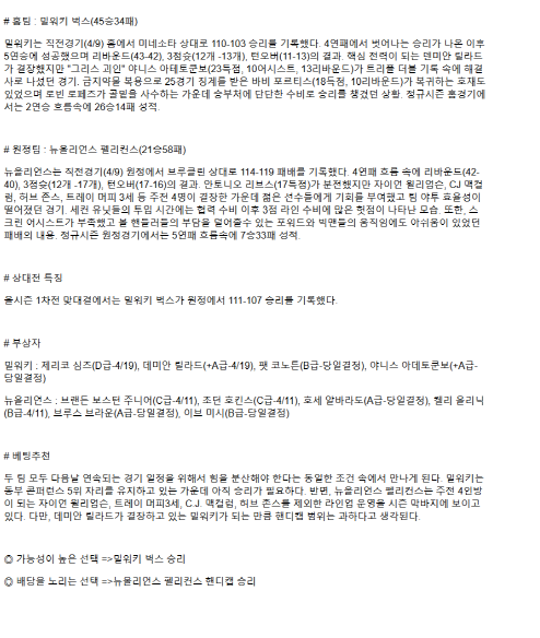 2025년 04월 11일 밀워키 뉴올리언즈 NBA 분석 및 중계 올스티비