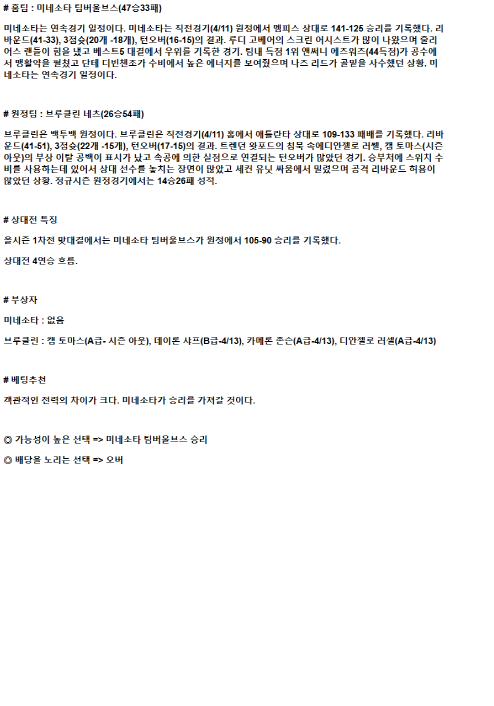 2025년 04월 12일 미네소타 브루클린 미국농구 분석 및 중계 올스티비
