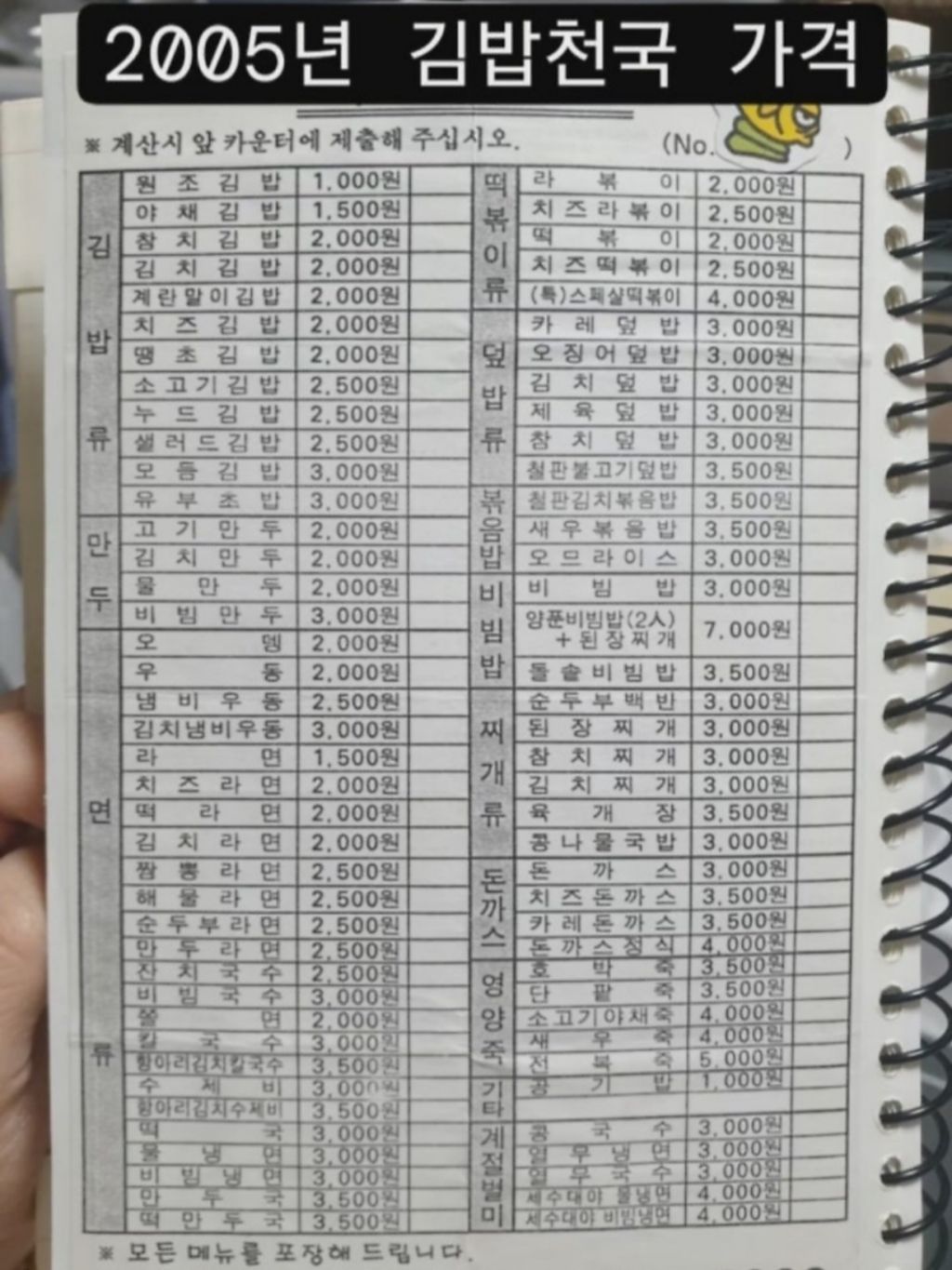 20년전 김밥천국 가격