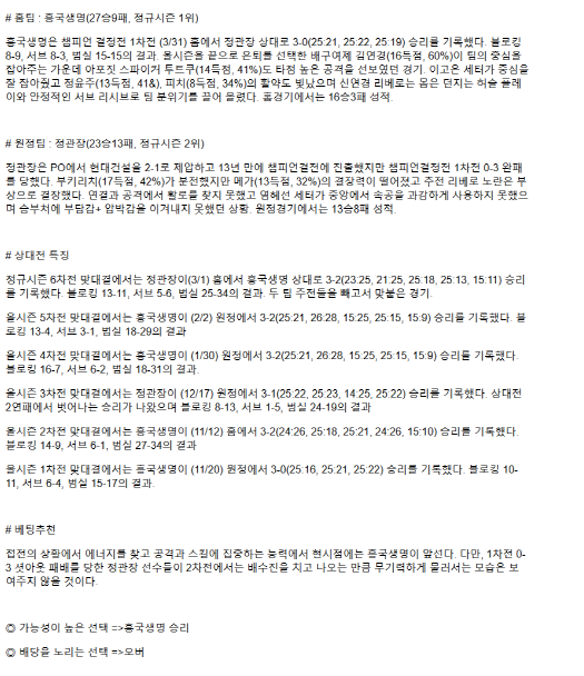 2025년 04월 02일 흥국생명 정관장 배구 분석 및 중계 올스티비