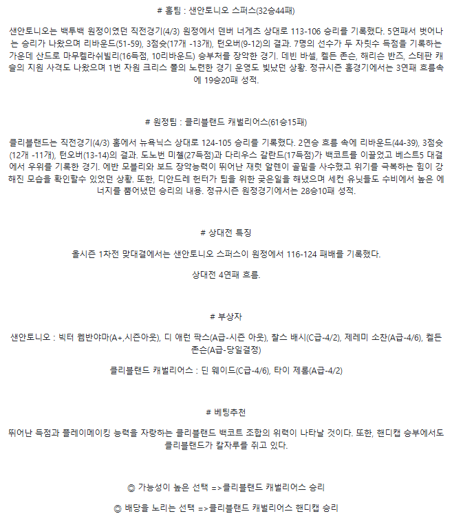 2025년 04월 05일 샌안토니오 클리블랜드 NBA 분석 및 중계 올스티비