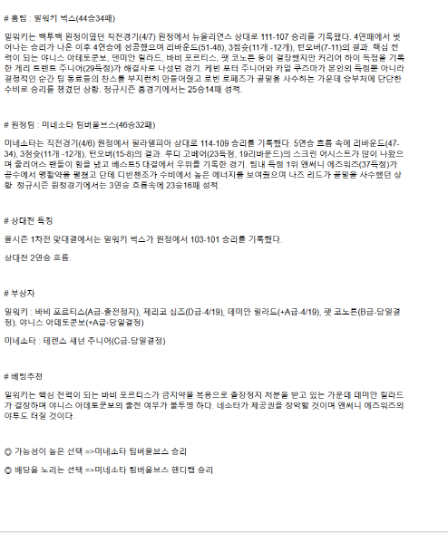 2025년 04월 09일 밀워키 미네소타 해외농구 분석 및 중계 올스티비