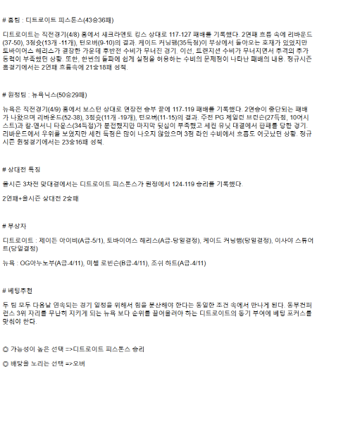 2025년 04월 11일 디트로이트 뉴욕 해외농구 분석 및 중계 올스티비