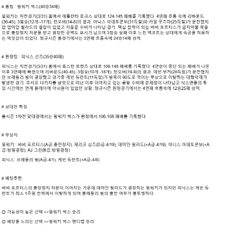 2025년 04월 02일 밀워키 피닉스 해외농구 분석 및 중계 올스티비