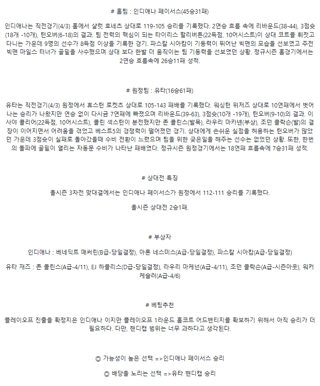 2025년 04월 05일 인디애나 유타 해외농구 분석 및 중계 올스티비