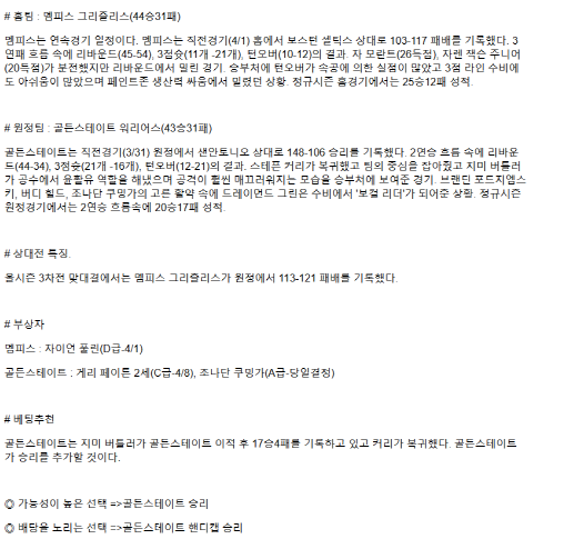 2025년 04월 02일 멤피스 골든스테이트 스포츠 분석 및 중계 올스티비