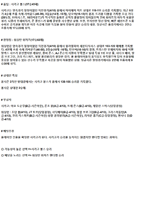 2025년 04월 12일 시카고 워싱턴 미국농구 중계 및 분석 올스티비