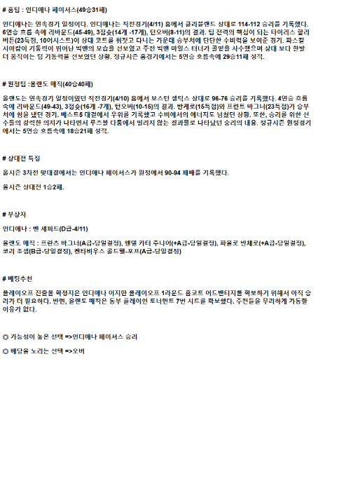 2025년 04월 12일 인디애나 올랜도 해외농구 중계 및 분석 올스티비