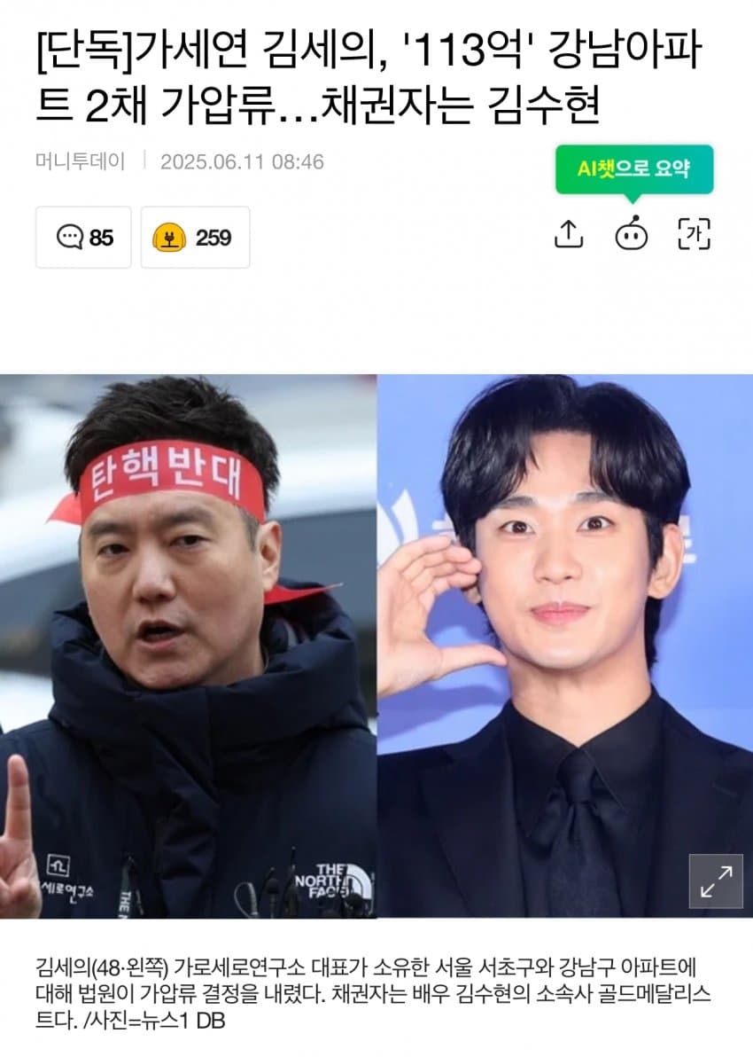 가세연 김세의, 113억 강남아파트 2채 가압류 채권자는 김수현