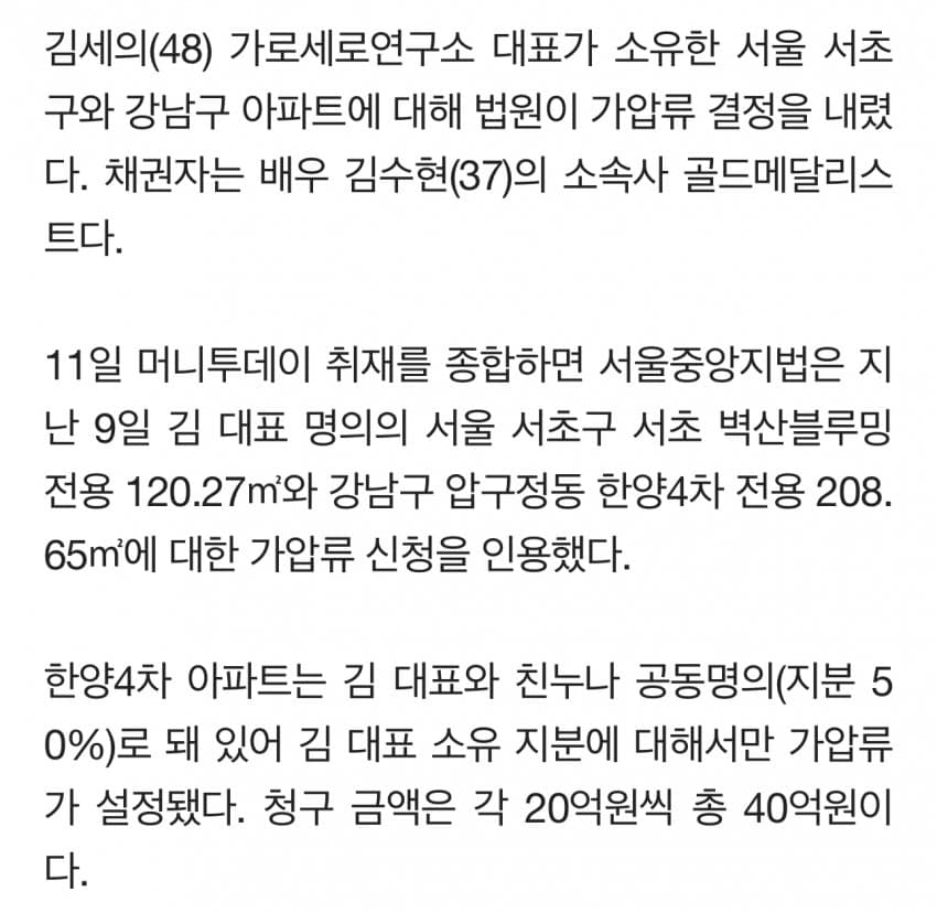 가세연 김세의, 113억 강남아파트 2채 가압류 채권자는 김수현