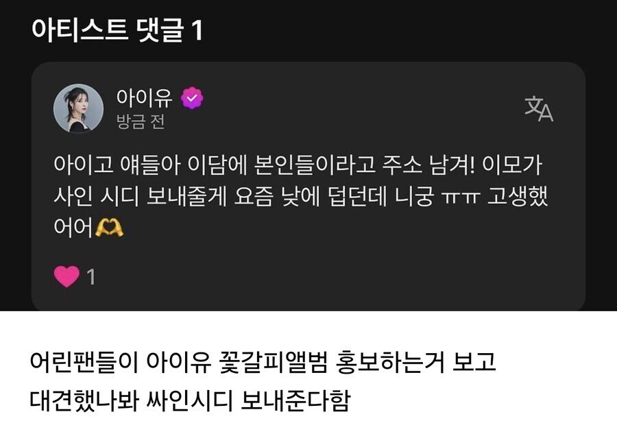 아이유 : 아이고 얘들아 이모가 사인 시디 보내줄께 고생했다