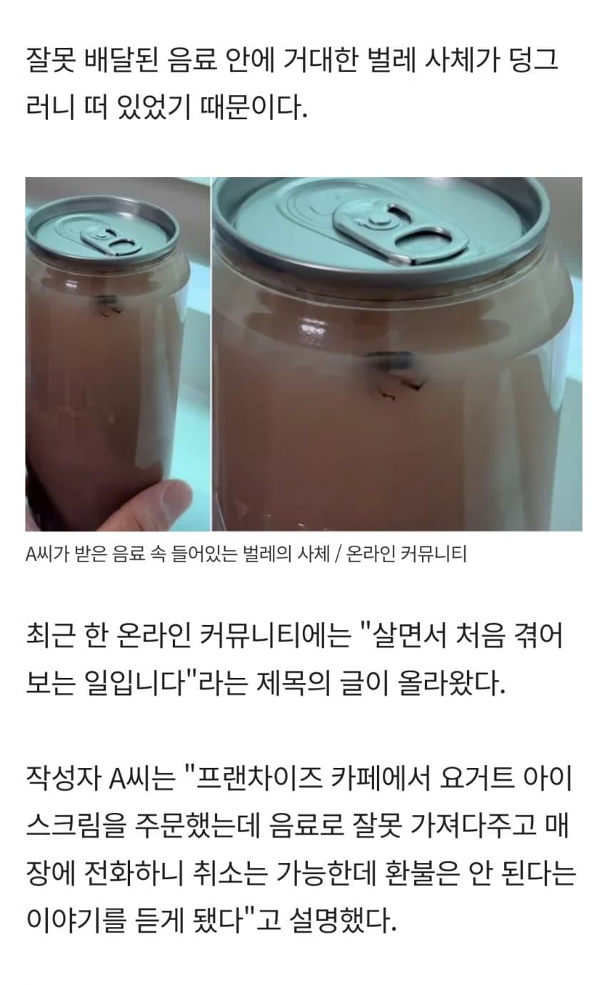 오배송 메뉴 환불 못해준다는 카페 논란