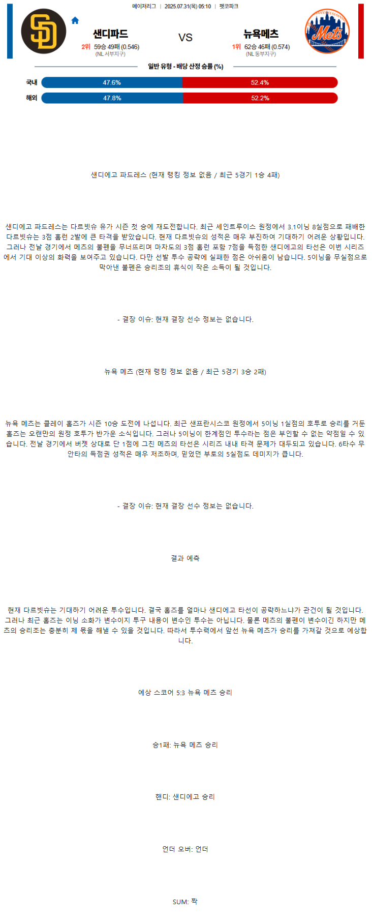 2025년 07월 31일 샌디에이고 뉴욕메츠 MLB 중계 및 분석 올스티비
