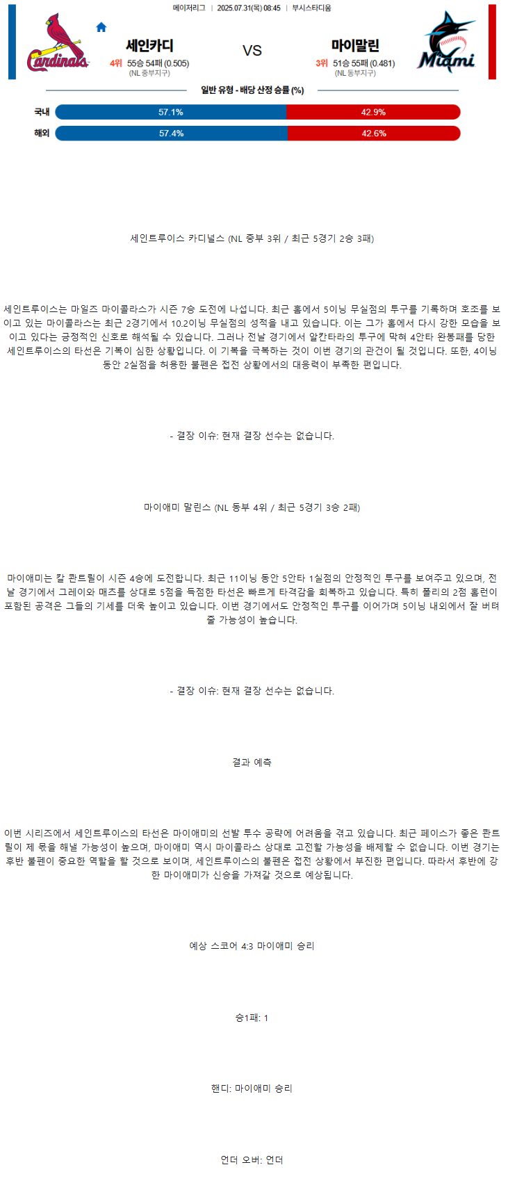 2025년 07월 31일 세인트루이스 마이애미 미국야구 분석 및 중계 올스티비